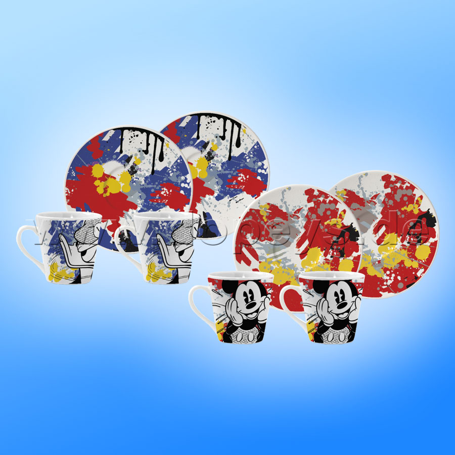 Disney Geschenkset 2 Mickey Espressotassen + 2 Donsald Espressotassen mit Teller im italienischen Design