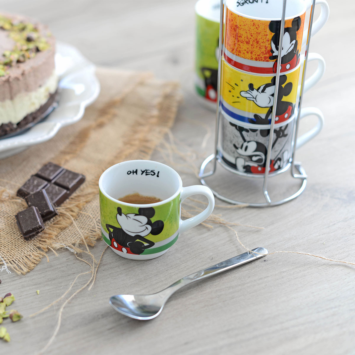 Disney Mini Tassen / Espresso Tassen "Mickey I Am" stapelbar 4er Set + Metallgestell, im italienischen Design PWM02I-4AM, 35cl