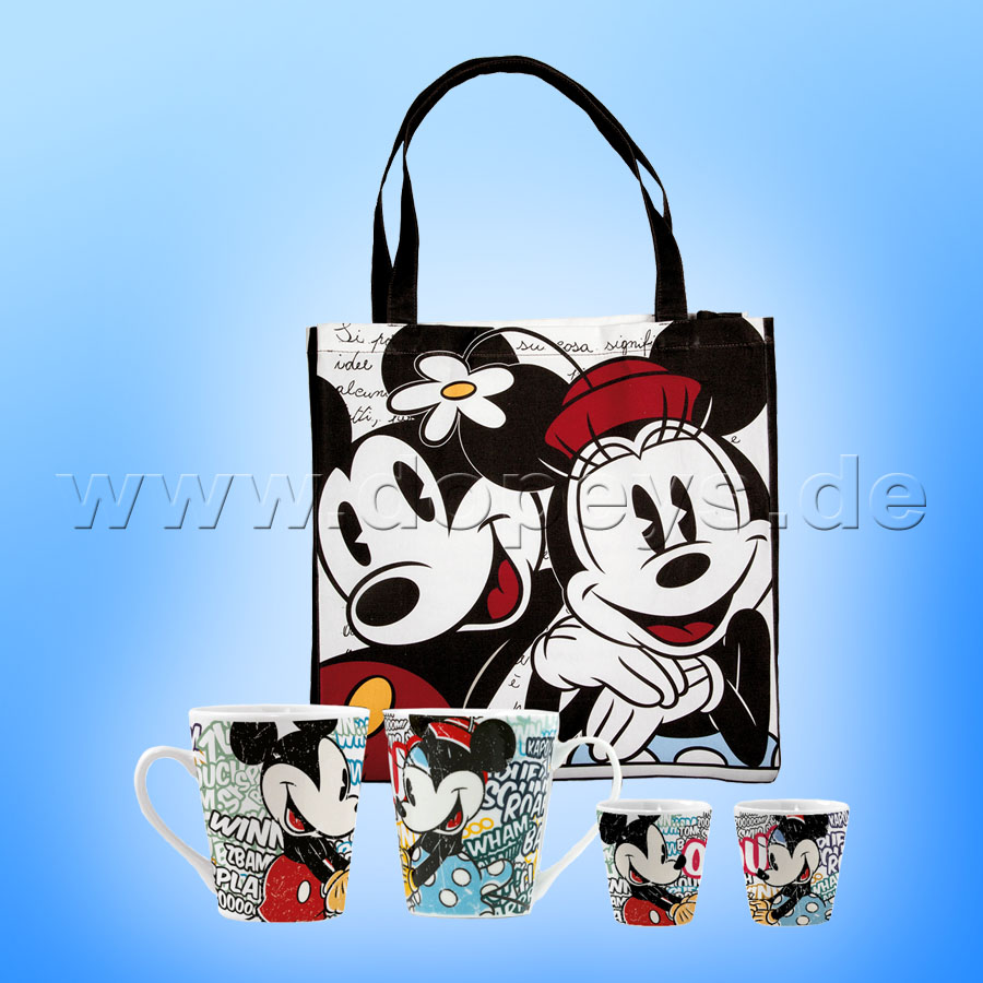 Disney Geschenkset 2 Kaffeetassen + 2 Espressobecher + Einkaufstasche Mickey & Minnie vintage im italienischen Design