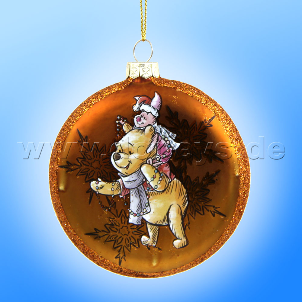 Kurt S. Adler - "Pooh & Piglet with Fairy Lights" Disney Glass Disk / Christmas Bauble honey DN35017
