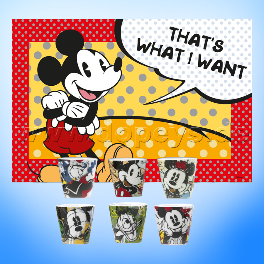 Disney Geschenkset 6 Espressotassen/Becher + Platzdeckchen Mickey & Minnie Maus Classic im italienischen Design WMSET/25